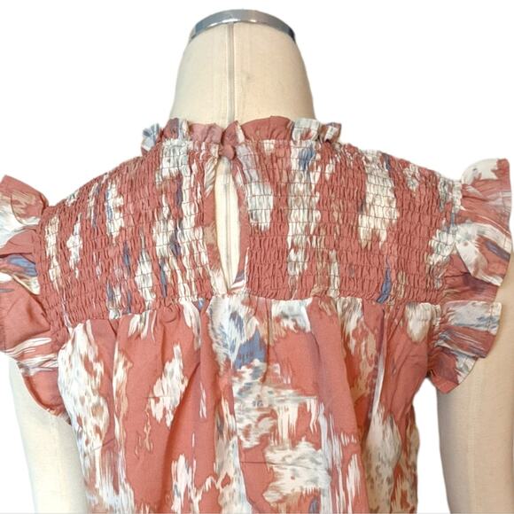 Pink Watercolor Smocked Top Ruffle Sleeves Medium NEW - Picture 10 of 14
